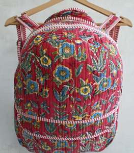 Handmade Block Printed Quilted Cotton <b>Backpack</b> Animal Prints Zipper Spacious Lightweight Durable Multi-Pocket School <b>College</b> - Product Image 4