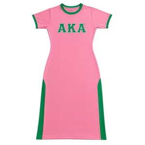 Vestido largo casual de manga corta verde y rosa para mujer con estampado de letras griegas, ropa de hermandad, atuendo de moda ajustado para equipo - Product Image 2