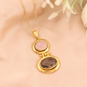 Collier tendance avec pendentif double pierre en agate blanche et quartz hydro, plaqué or 18 carats, pour femme - Product Image 5