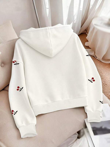 Sudaderas con Capucha Personalizadas para Mujer, Bordado Minimalista de Cerezas, Felpa de Algodón Premium, Corte Holgado, Estilo Urbano, Proveedor Mayorista - Product Image 3