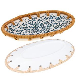 Plateau de service en céramique et rotin bohème fait main, finition brillante, plat ovale pour aliments, rangement, assiette en porcelaine personnalisée - Product Image 1