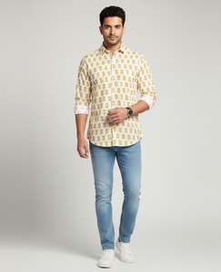 Chemise décontractée pour homme en coton, style formel, faite à la main par un designer indien, à manches courtes, rayée, imprimé batik, écologique, été - Product Image 4