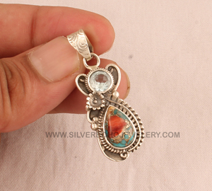 Pendentif en argent sterling 925 vintage avec topaze bleue, cuivre huître et turquoise, fait main, 18 pouces, unisexe, pour femme, vente en gros - Product Image 4
