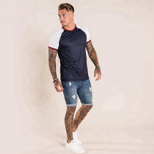 Mens Navy Blue White <b>Raglan</b> Sleeve Red Trim Contrast Color Block Crew Neck Short Sleeve Cotton Casual Summer Fashion <b>Top</b> Custom - Product Image 2