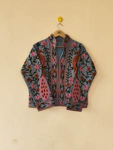 Hand Embroidered Floral <b>Mandarin</b> <b>Collar</b> Blazer Full Sleeve Cotton Woven Zipper Closure Women's <b>Jacket</b> Spring Style - Product Image 2