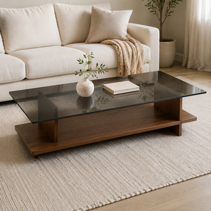 Modern Rectangular <b>Smoke</b> <b>Glass</b> <b>Coffee</b> <b>Table</b> Walnut Wooden Shelf Luxury Living Room Center Tea <b>Table</b> Hotel Furniture Manufacturer - Product Image 3