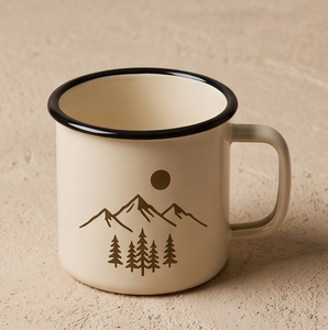 Custom Camp Mug Wilderness Nature Graphic Design Alpine Scenery Off White Enamelware Bulk B2B Manufacturer Sourcing Hub Network - Product Image 1
