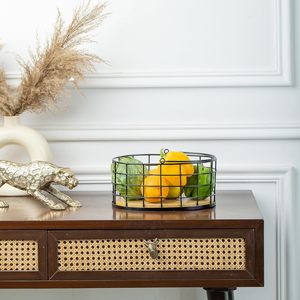 Black <b>Metal</b> Wire <b>Basket</b> with Wooden Base and Long Handle Oval Fruit Vegetable Holder <b>Storage</b> Organizer Decorative Gifting Bask - Product Image 4