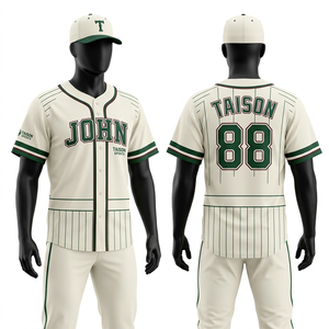 Maillot de baseball pour homme, haute qualité, 200 GSM, maille polyester, crème vert, boutons sur le devant, rayures fines, broderie logo personnalisée, professionnel - Product Image 1