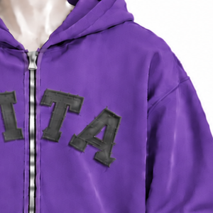 <b>Purple</b> <b>Mens</b> Zip Front <b>Hoodie</b> Chenille Letter Applique Heavyweight Fleece Loose Fit Casual Streetwear Sweatshirt with Kangaroo - Product Image 5