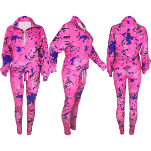 Women's <b>Pink</b> Blue Camouflage Print <b>Tracksuit</b> Full Sleeve Zipper Sport Wear Set Regular Fit All Seasons Knitted Polyester - Product Image 4