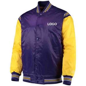 <b>Men's</b> <b>Purple</b> Yellow Varsity Jacket Color Block Stand Collar Windproof Sporty Autumn Bomber Coat For <b>Men</b> - Product Image 2