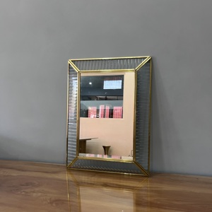 Modern Brass Framed <b>Hanging</b> Wall <b>Mirror</b> With Ribbed Glass Border Decorative Home Accent - Product Image 2