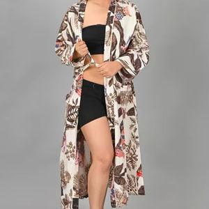 Bata Larga de Algodón Suave Estampada Estilo Hippie Elegante para Mujer con Cinturón, Color Marrón, Venta al por Mayor - Product Image 4