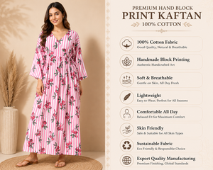 Robe Kaftan en Coton Premium Fait Main Imprimé Floral Blocs de Couleurs Doux Respirant Style Bohème Moderne Longue Maxi Durable Vente en Gros pour Femmes - Product Image 3