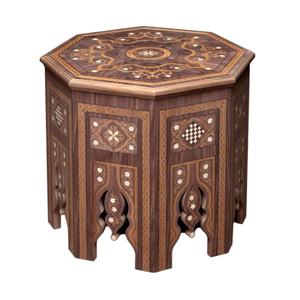 Mesa auxiliar de madera marroquí hecha a mano con incrustaciones de nácar, acabado vintage, mesa auxiliar con detalles moorish, diseño árabe, pedestal octogonal - Product Image 6