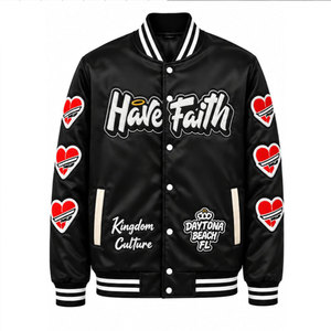 Chaqueta Varsity Have Faith para Hombre, Bordado de Corazón Negro, Estilo Urbano, Cuello Camisero, Material de Poliéster, Corte Regular - Product Image 2
