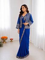 Ensemble de sari indien pakistanais imprimé bleu avec blouse brodée et veste pour femme, robe de fête et de mariage