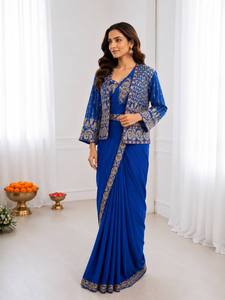 Blue Printed Indian Pakistani Saree Set Embroidered Blouse <b>Jacket</b> <b>Women</b> Party <b>Wedding</b> Dress - Product Image 1