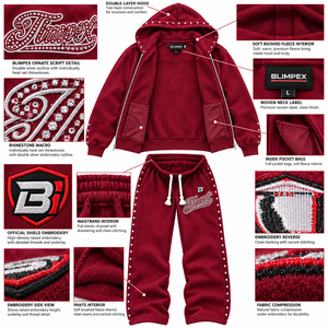 OEM Custom Unisex Rhinestone Tracksuit Burgundy <b>Full</b> <b>Zip</b> <b>Hoodie</b> Wide Leg Studded Streetwear Set - Product Image 5