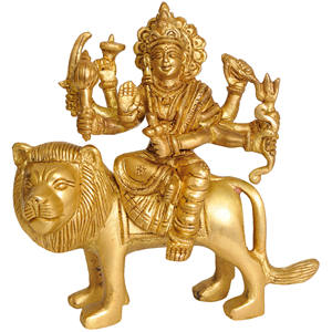 Sculpture Durga de déesse de 4 pouces faite à la main assise sur un lion en laiton pour les cadeaux Fabriqué en Inde - Product Image 1