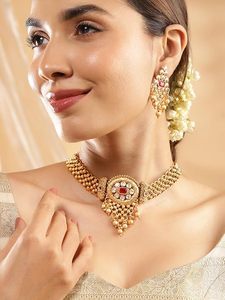 Gold Plated Alloy Vintage Necklace and Earring <b>Set</b> with Zircon Stones <b>Pearls</b> Geometric Design for Women Wedding Bridal Jewelry - Product Image 4