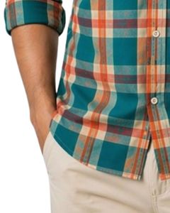 Camisa casual a cuadros azul verdoso y naranja personalizada para hombre, corte ajustado, manga larga, con botones, de algodón, elegante, de calidad premium. - Product Image 6