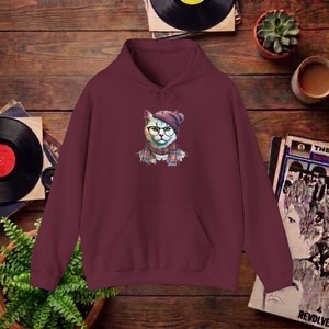 Sweat-shirt à capuche marron avec imprimé chat de dessin animé, vêtement décontracté pour homme, coupe classique, en coton tricoté, avec poche avant - Product Image 1