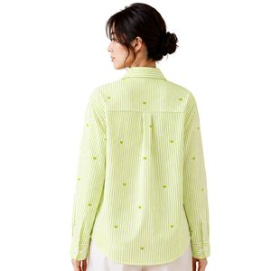 Camisa de Mujer a Rayas Verde Lima y Blanco, Blusa de Algodón de Manga Larga con Botones, Bordado de Corazón, Corte Holgado, Estilo Casual, Talla Grande - Product Image 2