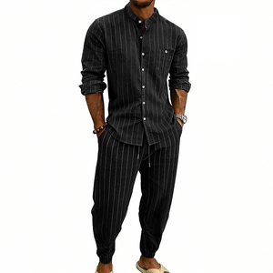 Ensemble chemise et pantalon décontracté rayé noir pour homme, tenue d'été en deux pièces tissée, tricot gaufré respirant 400g - Product Image 1