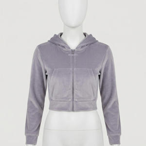 Women's <b>Cropped</b> Hooded Velour <b>Zip</b>-<b>Up</b> Sweatshirt Solid Color Long Sleeve With Pockets Autumn Wear - Product Image 1