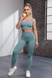 Ensemble de yoga pour femmes, 2 pièces, couleur unie, leggings taille haute, ensemble de soutien-gorge, sans couture, spandex, polyester, vêtements de fitness - Product Image 6