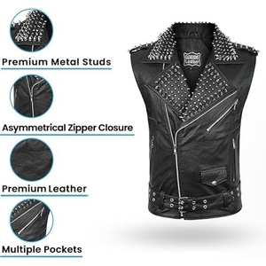 Custom Genuine <b>Leather</b> Studded Biker <b>Vest</b> <b>Mens</b> Punk Style Motorcycle <b>Leather</b> Waistcoat With Asymmetrical Zip Closure - Product Image 5