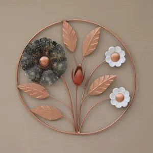 Décoration murale ronde en métal doré, motif floral avec feuilles et fleurs, sculpture murale décorative en fer - Product Image 5
