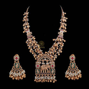 Gamini Antique Gold Plated Zircon Beaded Long Necklace & Earring Set for Festival Bridal - Product Image 2