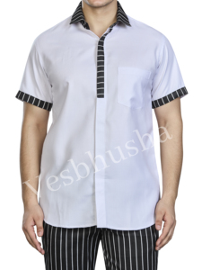 Camisa de uniforme de hotel de manga corta para hombre con cuello y puños a rayas, corte regular, para personal de limpieza - Product Image 5