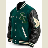 Veste universitaire réversible coupe-vent personnalisée, vert foncé, manches en cuir noir, broderie en chenille de laine, logo Letterman, streetwear
