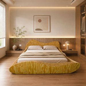 Minimalist wooden <b>bed</b> Wave-style detail <b>bed</b> Large modern <b>bed</b> frame Bedroom furniture set Natural wood bedroom - Product Image 6
