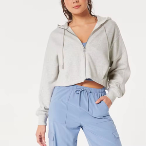 Sudadera con capucha corta de felpa francesa gruesa para mujer, estilo urbano, informal, de longitud corta, para otoño e invierno, con dobladillo ancho, cálida - Product Image 1