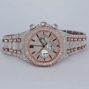 Montre chronographe de luxe style offshore avec diamants Moissanite VVS clairs, accents en or rose bicolore, boîtier en acier inoxydable, mouvement mécanique - Product Image 1