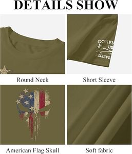 Men's Olive Green Short Sleeve O-Neck T-Shirt With American Flag <b>Skull</b> Print 100% Cotton Jersey Casual Regular Fit - Product Image 5
