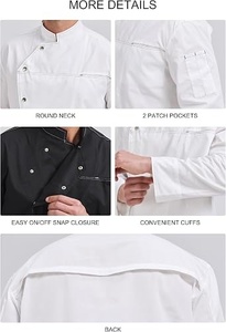 เสื้อเชฟแขนยาวสีขาวสำหรับผู้ชาย ผ้าฝ้ายทอ ปิดกระดุม ชุดยูนิฟอร์มร้านอาหารบาร์ - Product Image 6