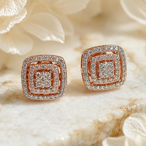 Élégantes boucles d'oreilles clous en or rose 14 carats avec diamants carrés taille coussin, halo superposé, bijoux raffinés pour femme, cadeau de mariage nuptial - Product Image 1