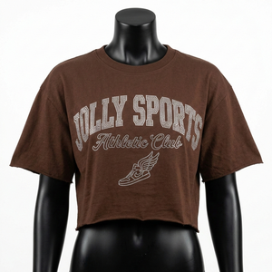 200 GSM Heavy Cotton Women Crop <b>Top</b> T Shirt Brown Soft Feel <b>Rhinestone</b> Crystal Heat Press Logo Crop <b>Top</b> T Shirt - Product Image 5