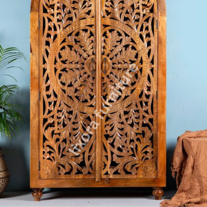 Luxury Handcrafted Solid Wood Arched 2 Door <b>Wardrobe</b> Ornate Mandala Leaf Carving Honey Oak Finish - Product Image 4