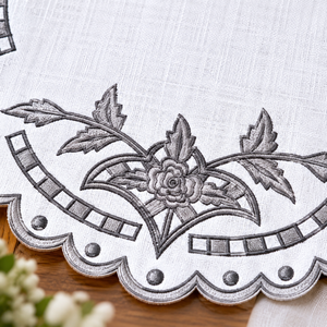 Classic Silver Grey Embroidered Scalloped <b>Table</b> <b>Runner</b> Vintage Floral Cutwork Washable Cotton Decor for Weddings & <b>Dining</b> - Product Image 3