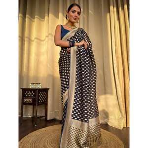 DISEÑADOR BANARASI SEDA ZARI TEJIDO SAREE CON BLUSA DESCOSTADA AZUL - Product Image 1