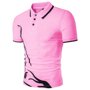 Pink Men's Polo <b>Shirt</b> Short Sleeve Knitted Casual Contrast Trim Button <b>Collar</b> <b>T</b> <b>Shirt</b> - Product Image 1
