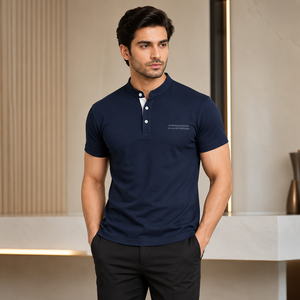 Men's <b>Navy</b> <b>Blue</b> Short Sleeve <b>Polo</b> <b>Shirt</b> With Button Placket And Front Logo Print Smart Casual Style 100% Cotton Knitted Fabric - Product Image 1