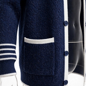 Custom Logo Wholesale <b>Women</b> Preppy V-Neck Knit <b>Cardigan</b> <b>Navy</b> Blue Contrast Trim Button Up Sweater with Sleeve Stripes - Product Image 4